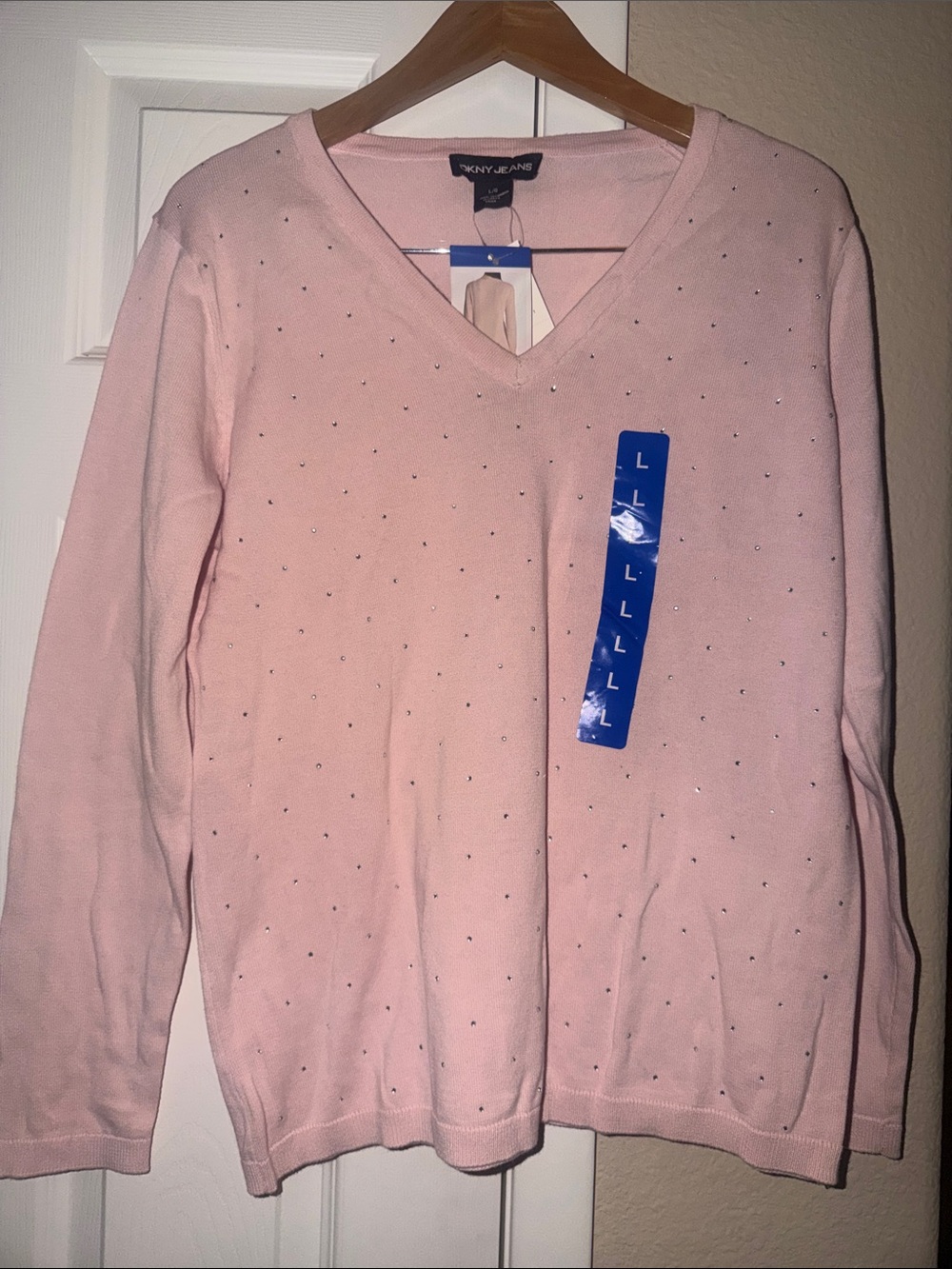 Dkny Light Pink V-Neck Sweater with Subtle Rhinestone Detail